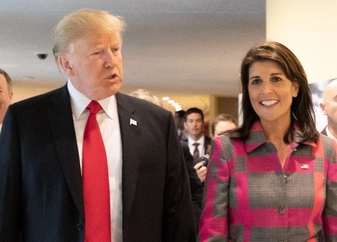 Nikki Haley, the first Indian-American to be become a member of the United States cabinet, seen with President Donald Trump. (File Photo: White House/IANS)